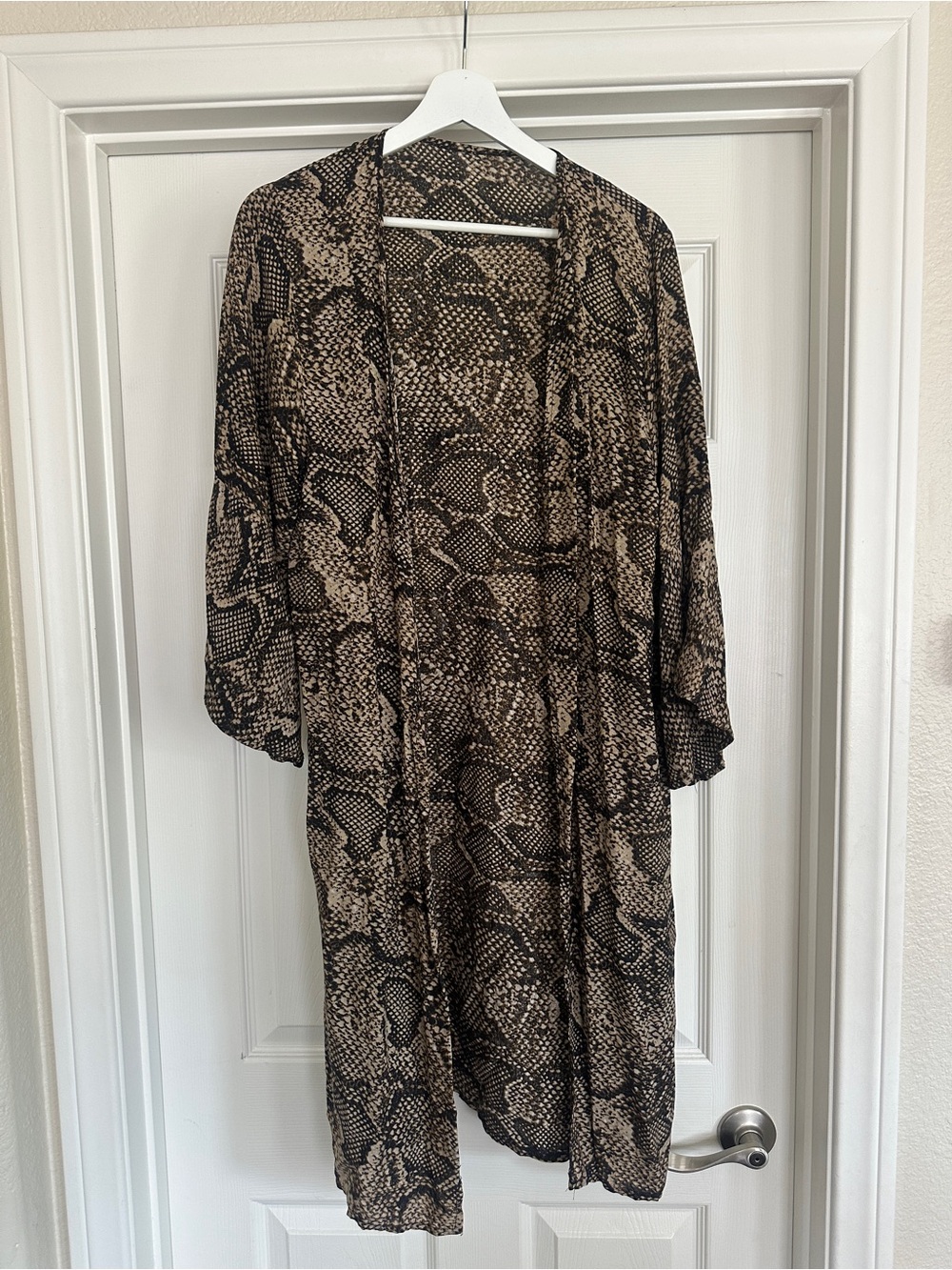 Snake Print Open Front Duster Kimono - Neutral Tones